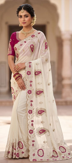 White and Off White color Saree in Georgette fabric with Embroidered, Sequence work