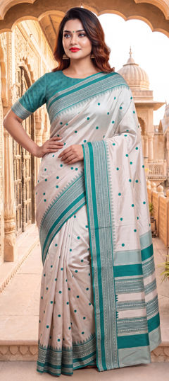 Blue, White and Off White color Saree in Banarasi Silk fabric with Weaving work