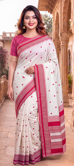 Red and Maroon, White and Off White color Saree in Banarasi Silk fabric with Weaving work