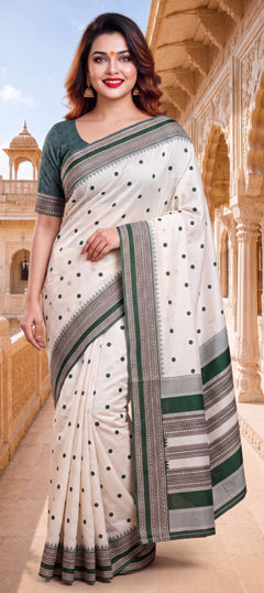 Green, White and Off White color Saree in Banarasi Silk fabric with Weaving work