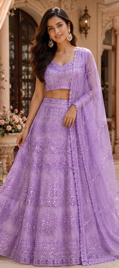 Purple and Violet color Lehenga in Net fabric with Embroidered, Sequence work