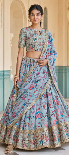 Blue color Lehenga in Faux Georgette fabric with Embroidered, Floral, Printed, Sequence work