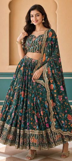 Green color Lehenga in Faux Georgette fabric with Embroidered, Floral, Printed, Sequence work