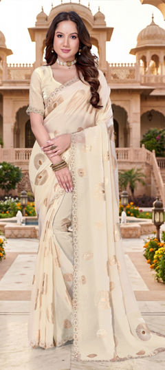 White and Off White color Saree in Tissue fabric with Printed, Zircon work