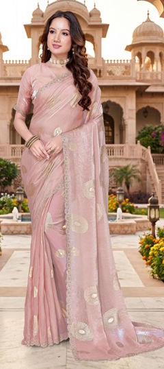 Pink and Majenta color Saree in Tissue fabric with Printed, Zircon work