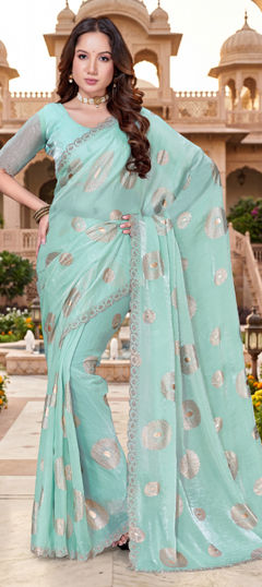 Blue color Saree in Tissue fabric with Printed, Zircon work