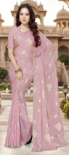 Pink and Majenta color Saree in Tissue fabric with Printed, Zircon work