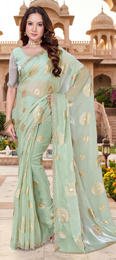 Green color Saree in Tissue fabric with Printed, Zircon work