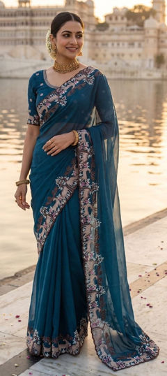 Blue color Saree in Silk fabric with Embroidered work