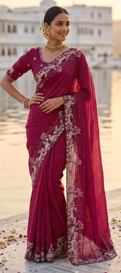 Pink and Majenta color Saree in Silk fabric with Embroidered work