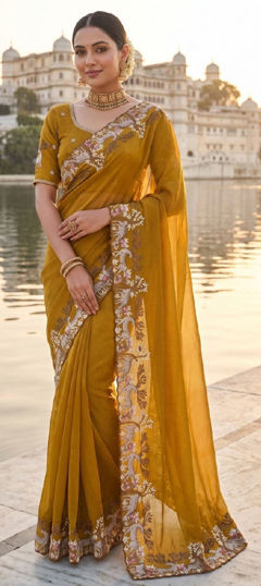 Yellow color Saree in Silk fabric with Embroidered work
