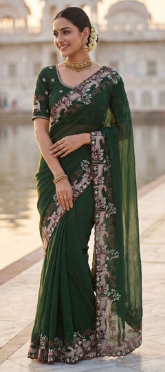 Green color Saree in Silk fabric with Embroidered work