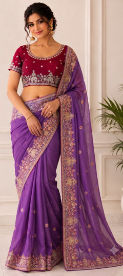 Purple and Violet color Saree in Georgette fabric with Embroidered, Sequence work