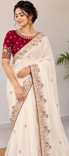 White and Off White color Saree in Georgette fabric with Embroidered, Sequence work