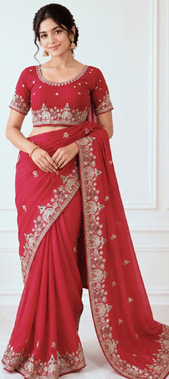 Red and Maroon color Saree in Georgette fabric with Embroidered, Sequence work