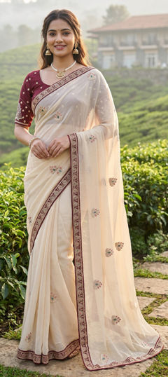 Red and Maroon, White and Off White color Saree in Crushed Silk fabric with Embroidered work