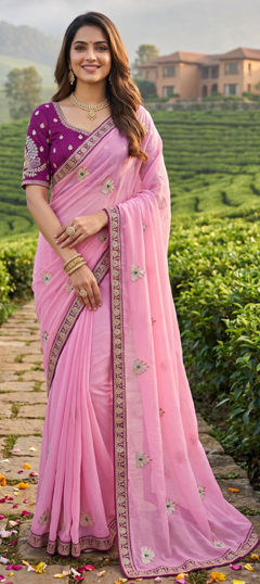 Pink and Majenta color Saree in Crushed Silk fabric with Embroidered work