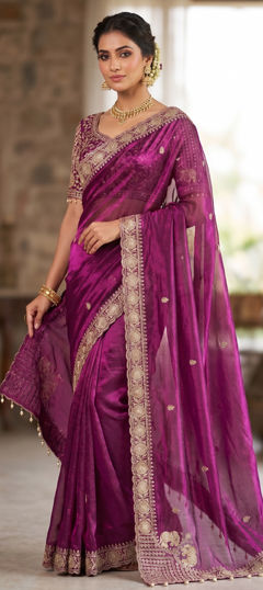 Purple and Violet color Readymade Saree in Tissue fabric with Embroidered, Sequence work
