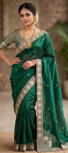 Green color Readymade Saree in Tissue fabric with Embroidered, Sequence work