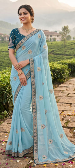 Blue color Saree in Crushed Silk fabric with Embroidered work