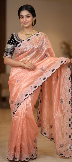 Orange color Readymade Saree in Tissue fabric with Embroidered, Sequence work