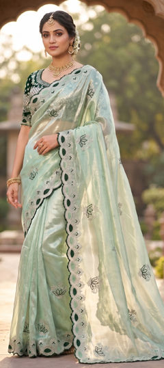 Green color Readymade Saree in Tissue fabric with Embroidered, Sequence work