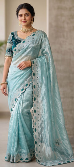 Blue color Readymade Saree in Tissue fabric with Embroidered, Sequence work
