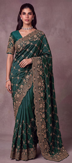 Green color Saree in Satin Silk fabric with Embroidered work