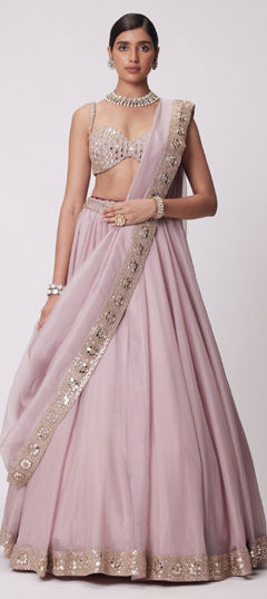Pink and Majenta color Lehenga in Organza Silk fabric with Embroidered, Mirror, Sequence, Thread, Zari work