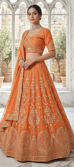 Orange color Lehenga in Georgette fabric with Embroidered, Sequence, Thread work