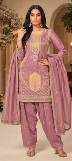 Pink and Majenta color Salwar Kameez in Silk fabric with Bugle Beads, Embroidered, Zari work