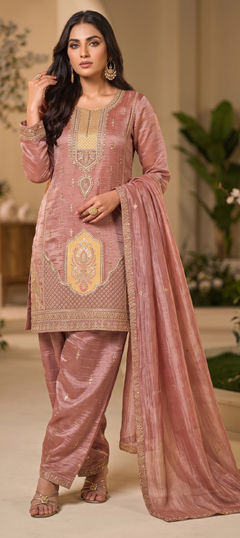 Pink and Majenta color Salwar Kameez in Silk fabric with Bugle Beads, Embroidered, Zari work