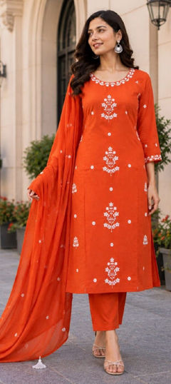 Orange color Salwar Kameez in Rayon fabric with Embroidered work