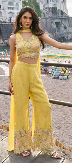 Yellow color Salwar Kameez in Chinon Silk fabric with Bugle Beads, Embroidered, Mirror, Sequence, Thread work