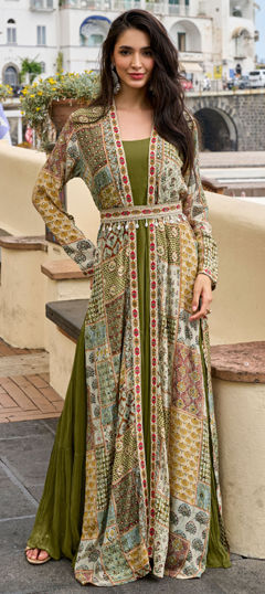 Green color Gown in Crepe Silk, Georgette fabric with Digital Print, Embroidered, Stone work