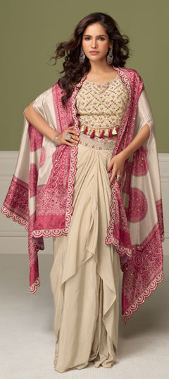 White and Off White color Long Lehenga Choli in Chinon Silk fabric with Embroidered, Floral, Sequence, Thread work