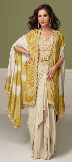 White and Off White color Long Lehenga Choli in Chinon Silk fabric with Embroidered, Floral, Sequence, Thread work