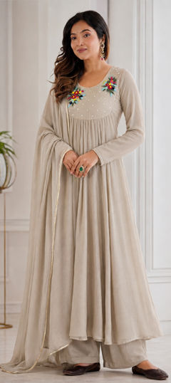 Black and Grey color Salwar Kameez in Viscose fabric with Embroidered, Sequence work