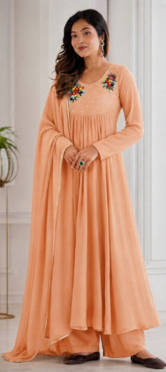 Orange color Salwar Kameez in Viscose fabric with Embroidered, Sequence work