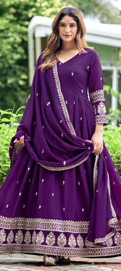 Purple and Violet color Salwar Kameez in Art Silk fabric with Embroidered, Sequence work