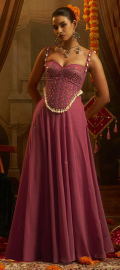 Pink and Majenta color Salwar Kameez in Georgette fabric with Embroidered, Mirror work