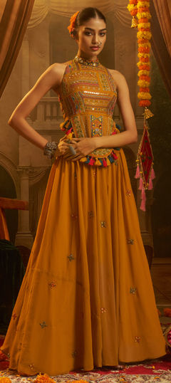 Yellow color Salwar Kameez in Georgette fabric with Embroidered, Mirror work