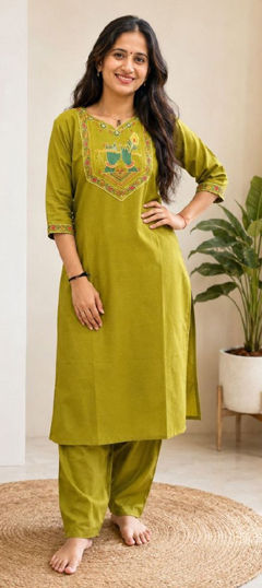 Green color Salwar Kameez in Blended Cotton fabric with Embroidered, Zari work