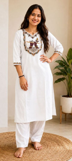 White and Off White color Salwar Kameez in Blended Cotton fabric with Embroidered, Zari work