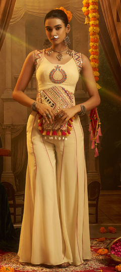 Beige and Brown color Salwar Kameez in Georgette fabric with Embroidered, Mirror work
