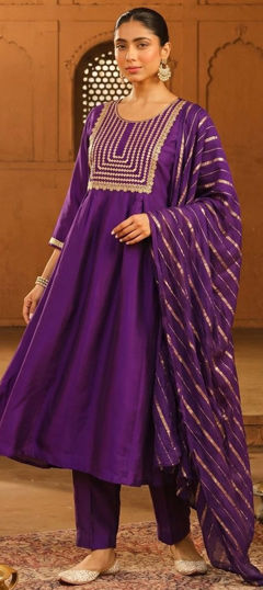 Purple and Violet color Salwar Kameez in Viscose fabric with Embroidered, Sequence work