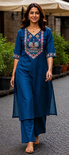 Blue color Salwar Kameez in Blended Cotton fabric with Embroidered, Zari work