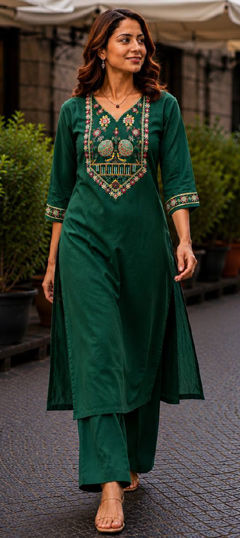 Green color Salwar Kameez in Blended Cotton fabric with Embroidered, Zari work