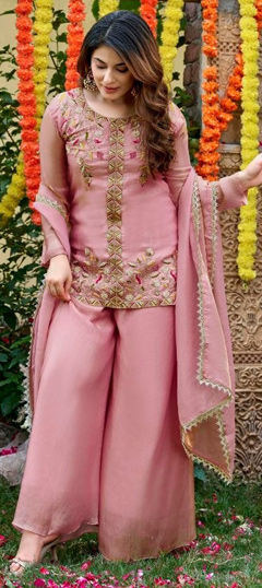 Pink and Majenta color Salwar Kameez in Tissue fabric with Embroidered, Sequence work