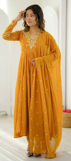 Yellow color Salwar Kameez in Faux Georgette fabric with Embroidered work